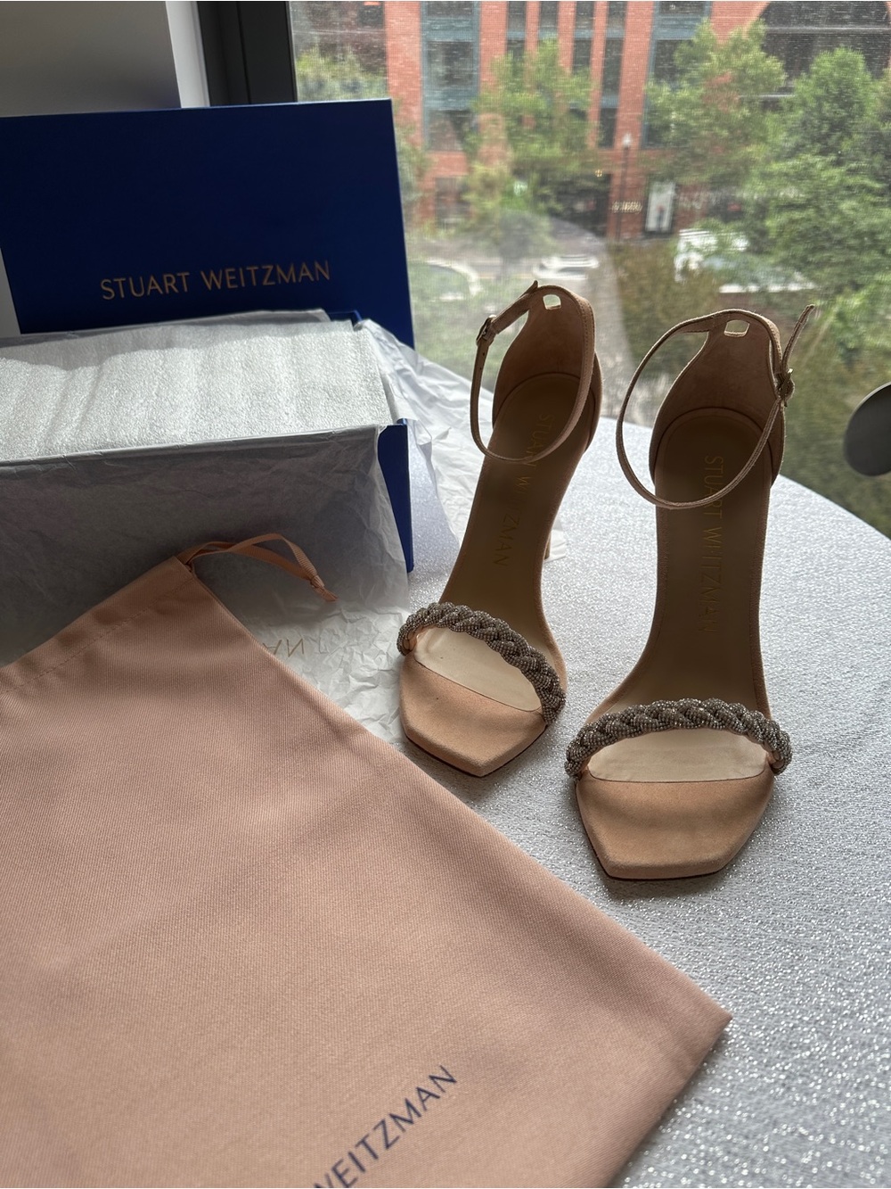 Stuart Weitzman Nude Beaded Ankle-Strap Heels - Picture 11 of 14